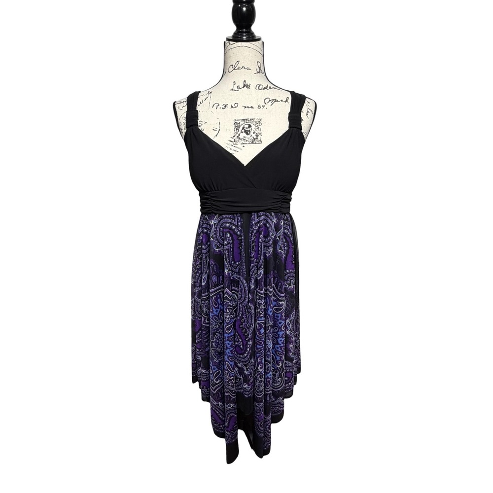 Olivia Matthews Womens Y2K Fairy Black Purple Paisley Handkerchief Hem Dress 12